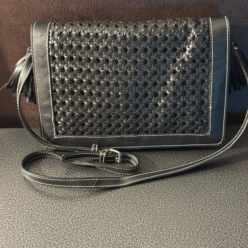 Zara Woman Elegant Black Woven Leather Crossbody Bag